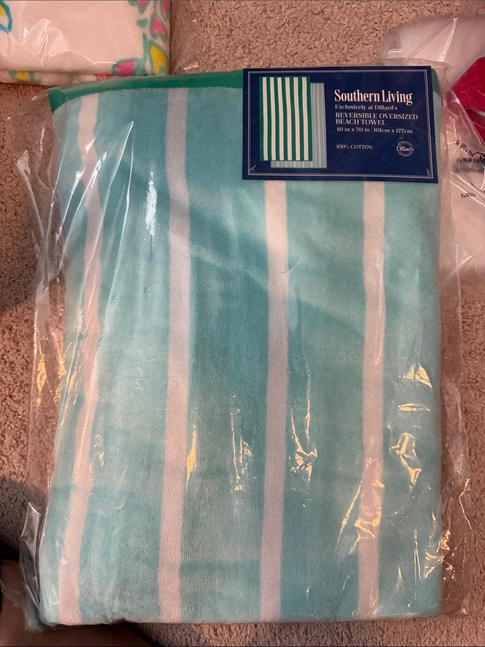 Southern Living Green Blue Striped Reversible Oversize Beach Towel 40x70 Cotton